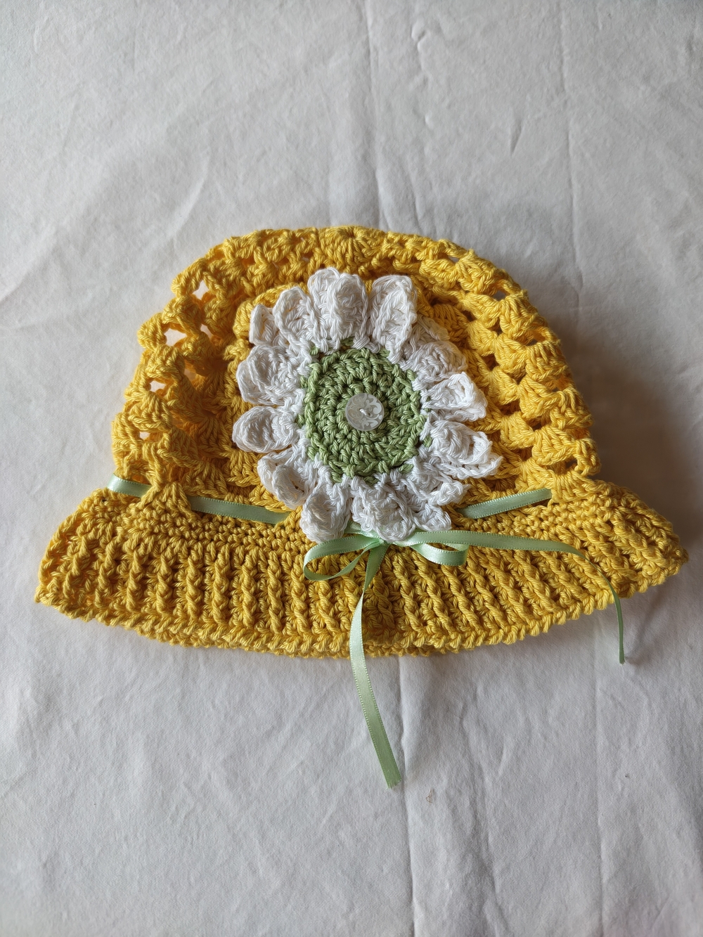 Handcrafted Yellow Crochet Kids Sunflower Hat with Green Ribbon